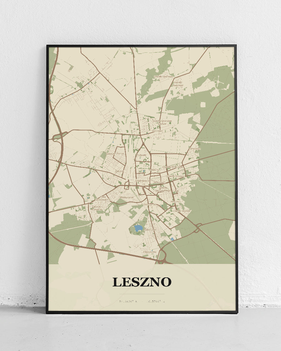 Plakat LESZNO – mapa miasta, minimalistyczny plakat kartograficzny - 1