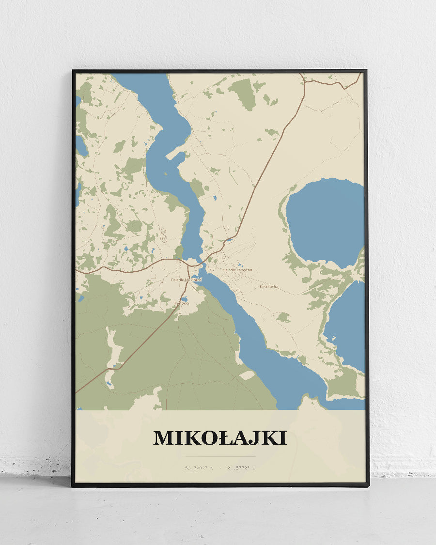 Plakat MIKOŁAJKI – mapa miasta, mapa Mikołajek w stylu technicznym - 1