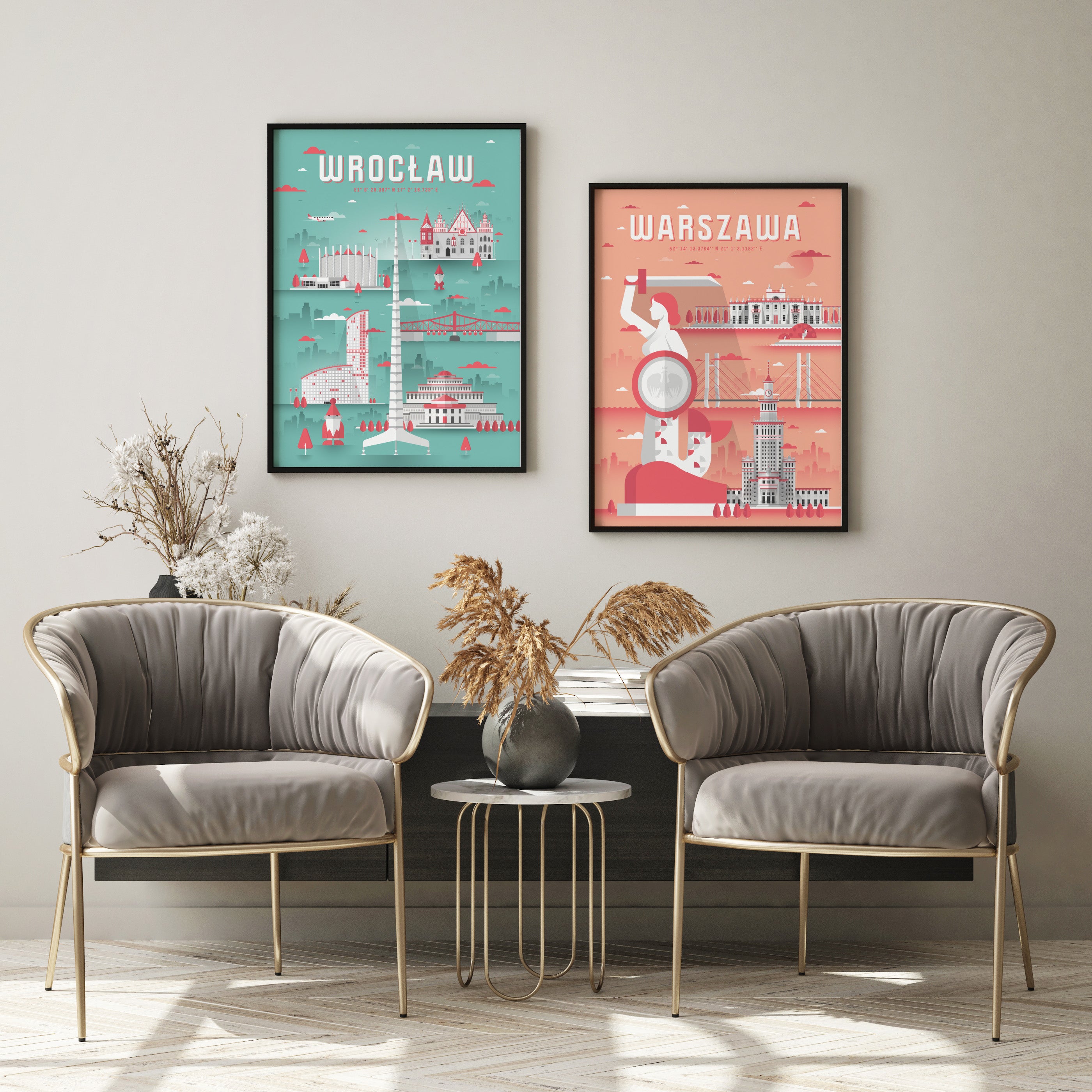 Zestaw plakatów Warszawa różowa i Wrocław seledynowy