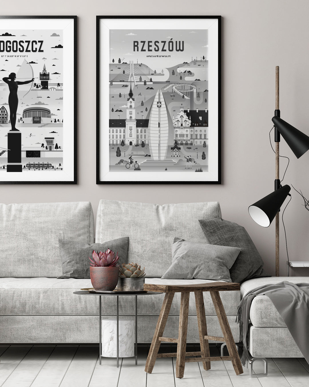 Ensemble d'affiches Rzeszów et Bydgoszcz noir et blanc - ensemble d'affiches