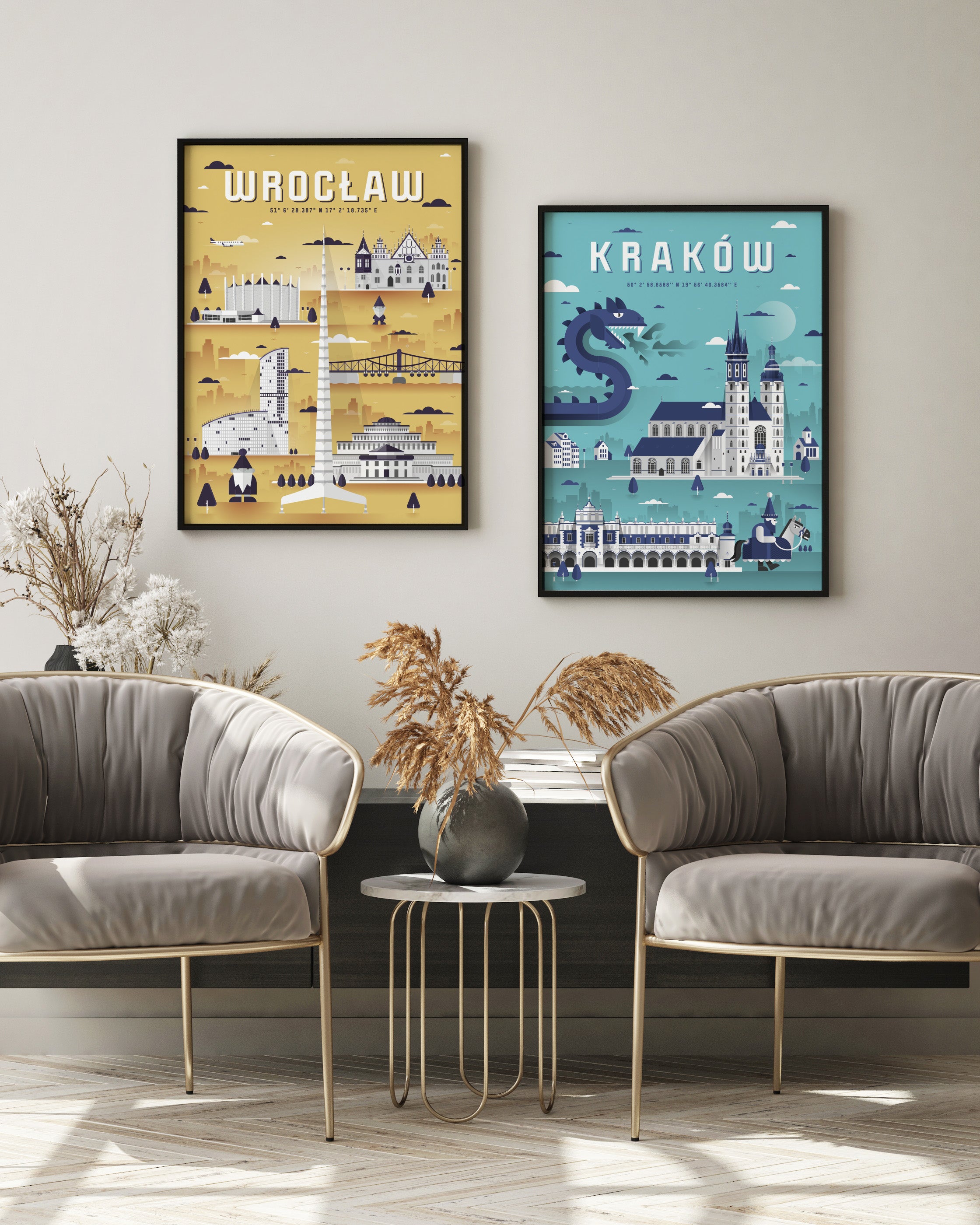 Kraków Blue and Wrocław Yellow Poster Set - Poster Set
