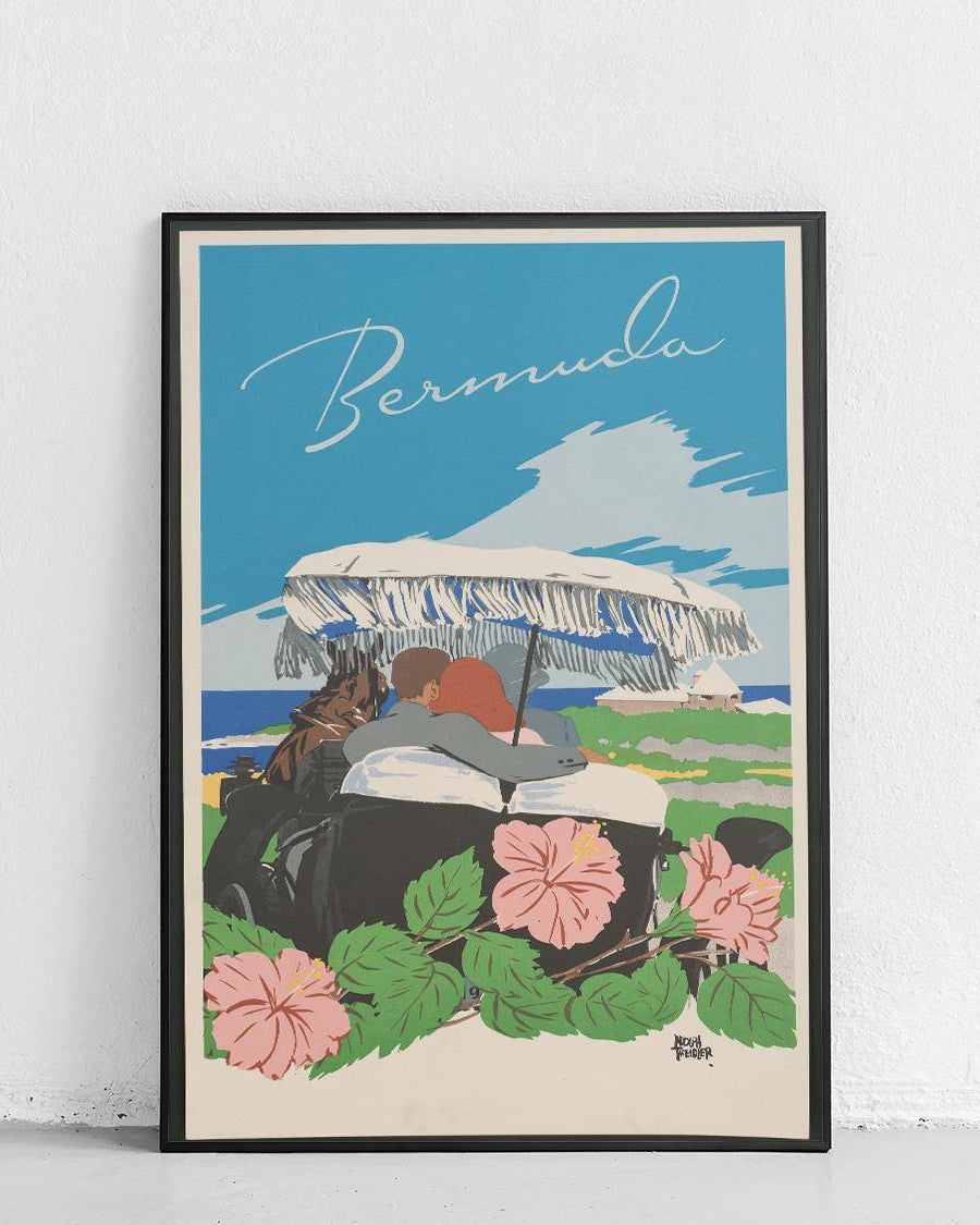 Vintage plakat Bermuda na ścianie w drewnianej ramie, retro mapa geograficzna wyspy - 1