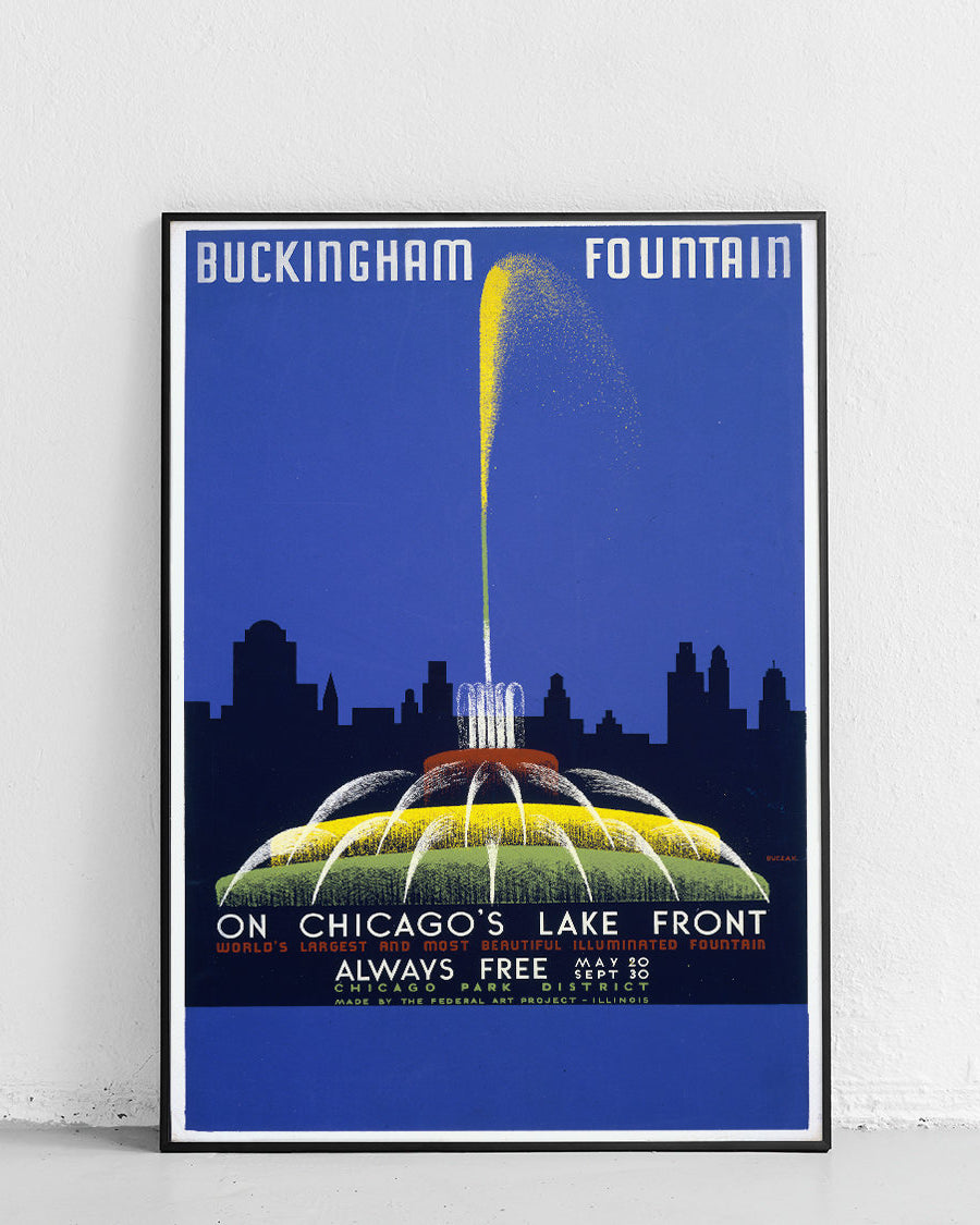 Vintage plakat Buckingham Fountain z ikoniczną fontanną w Chicago, stylizowany w retro estetyce.