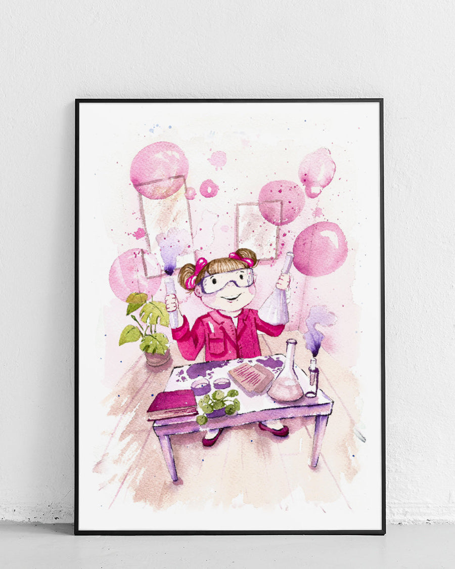 Plakat edukacyjny "Chemiczka" dla dzieci - kolorowa ilustracja z elementami chemii i nauki - 1