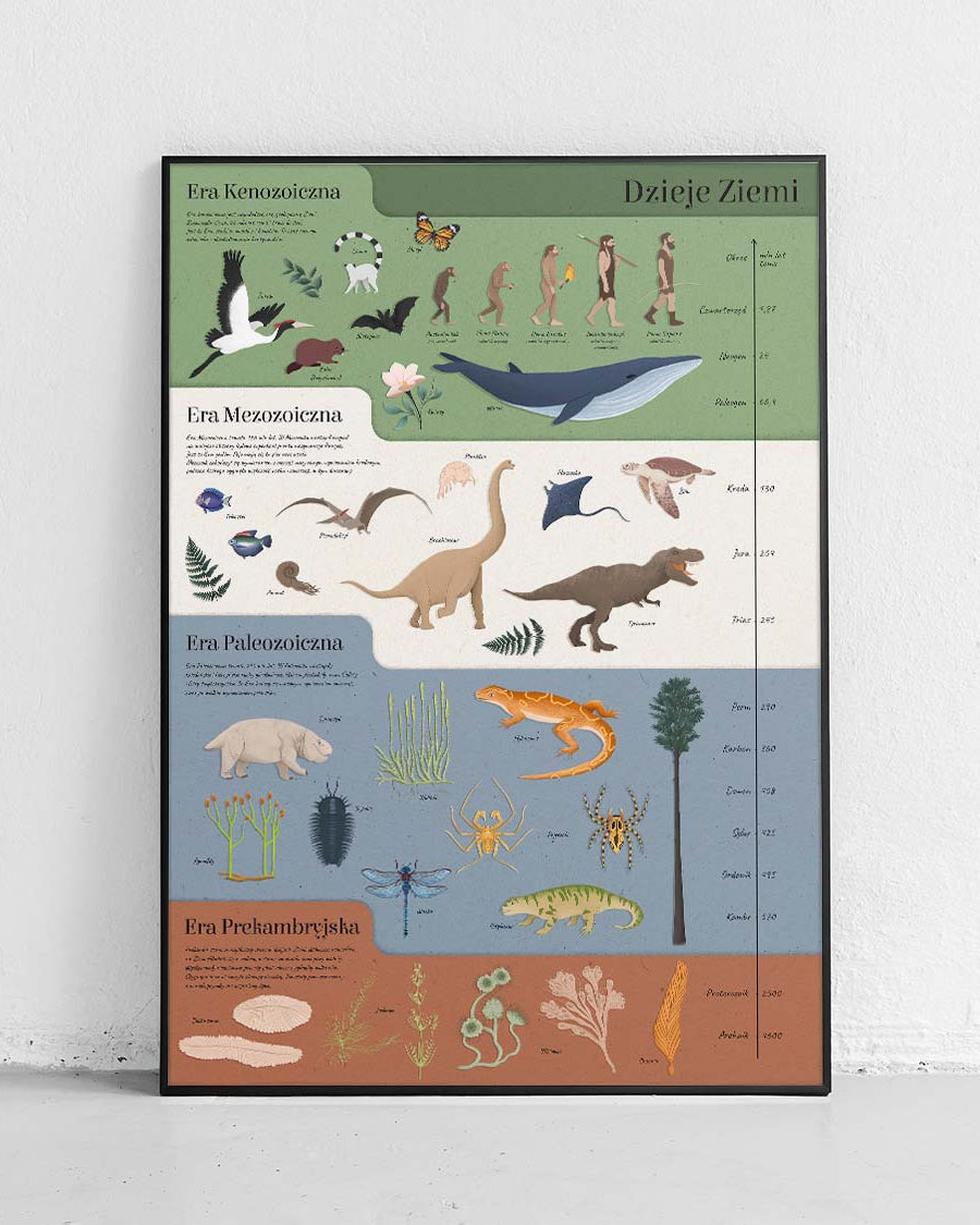 Dzieje Ziemi - edukacyjny plakat dla dzieci autorstwa Kasi Nowakowskiej, ilustrujący historię naszej planety. - 1