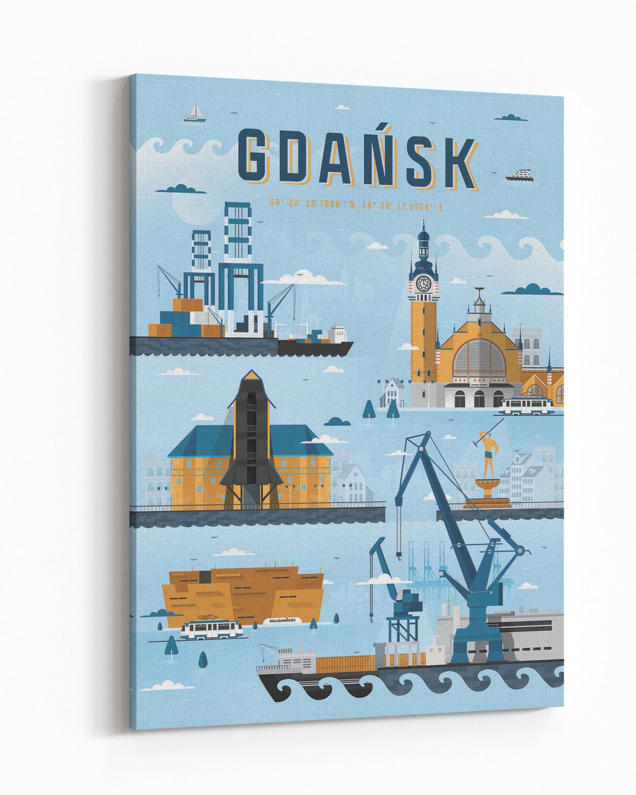 Tableau Gdańsk - bleu clair, tableau sur toile représentant Gdańsk - 1