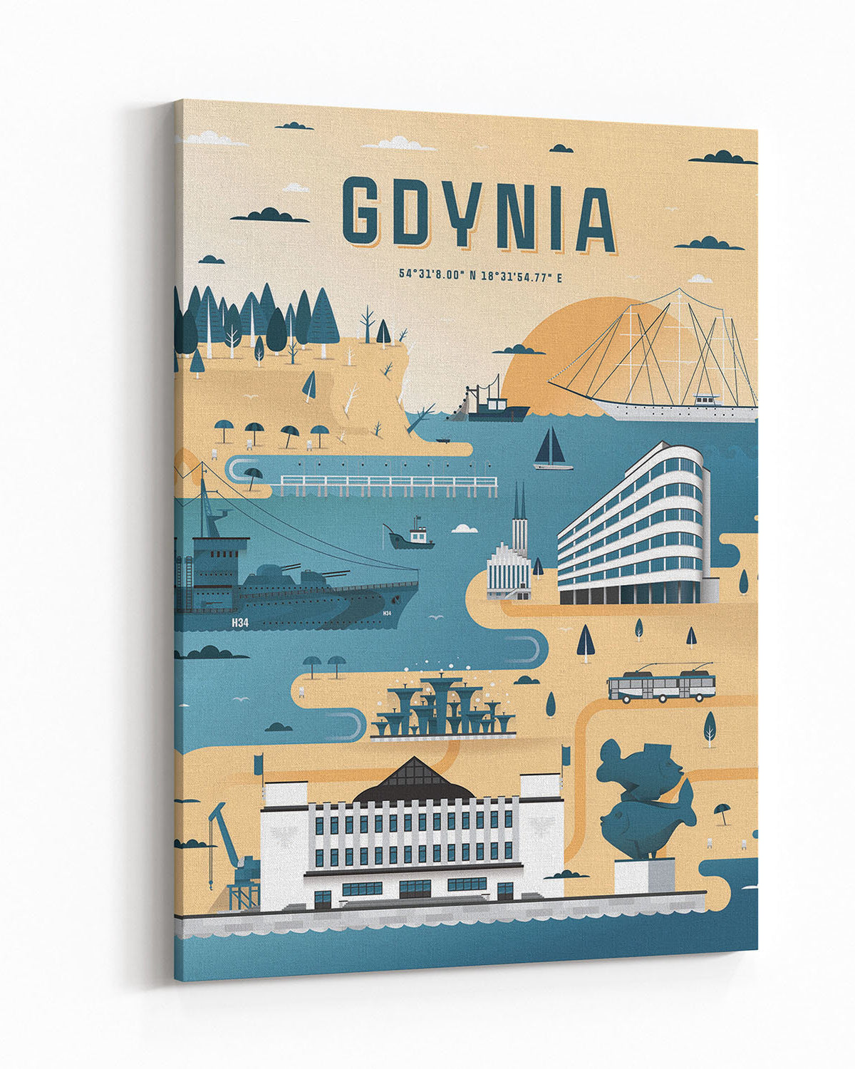 Tableau Gdynia jaune et bleu, tableau sur toile portrait - 1