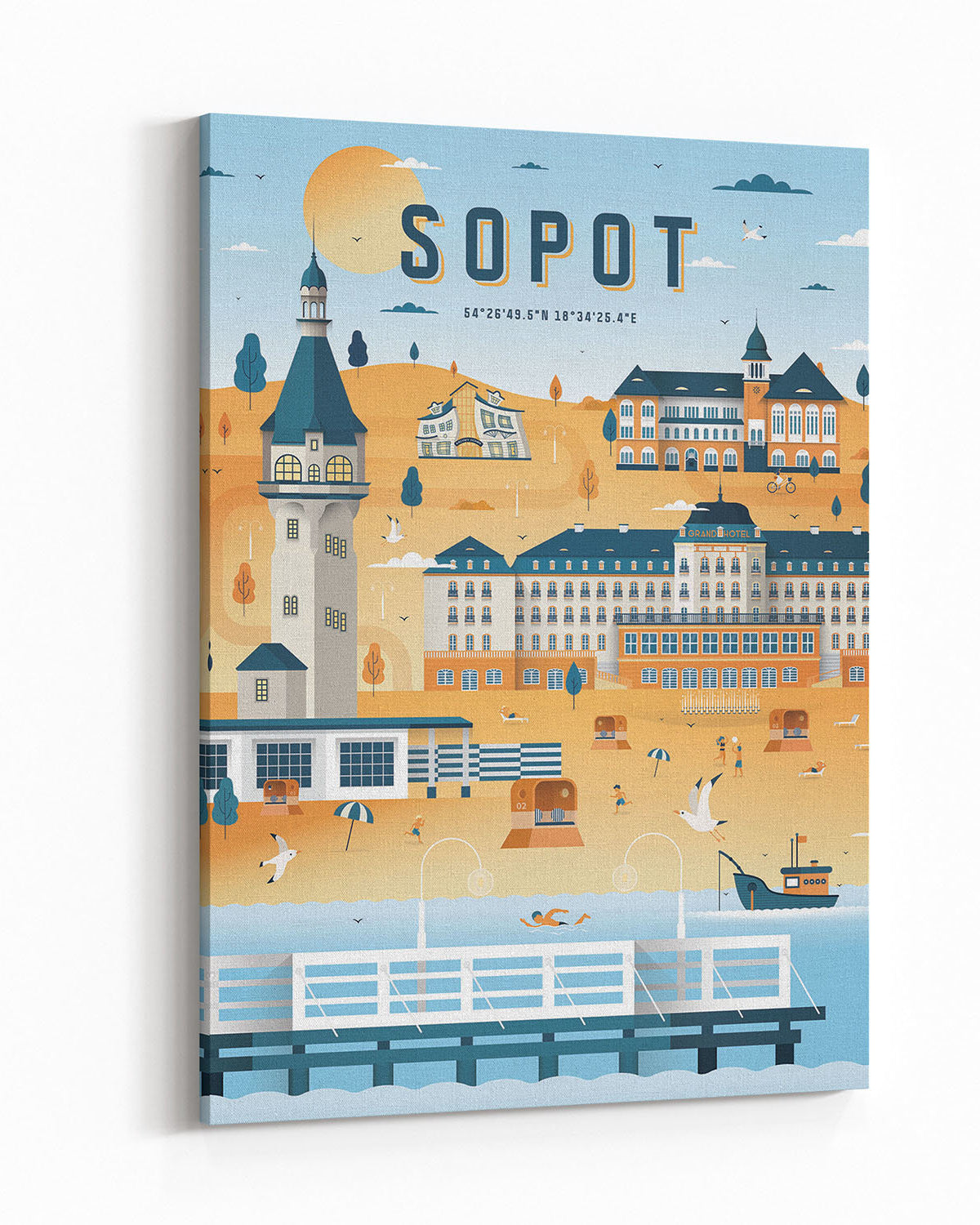 Tableau Sopot - jaune et bleu - tableau sur toile au format vertical - 1