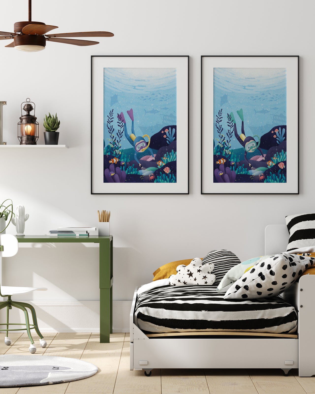 Oceanolożka - plakat dla dzieci z ilustracją naukowca badającego morze, projekt Kasi Nowakowskiej - 2
