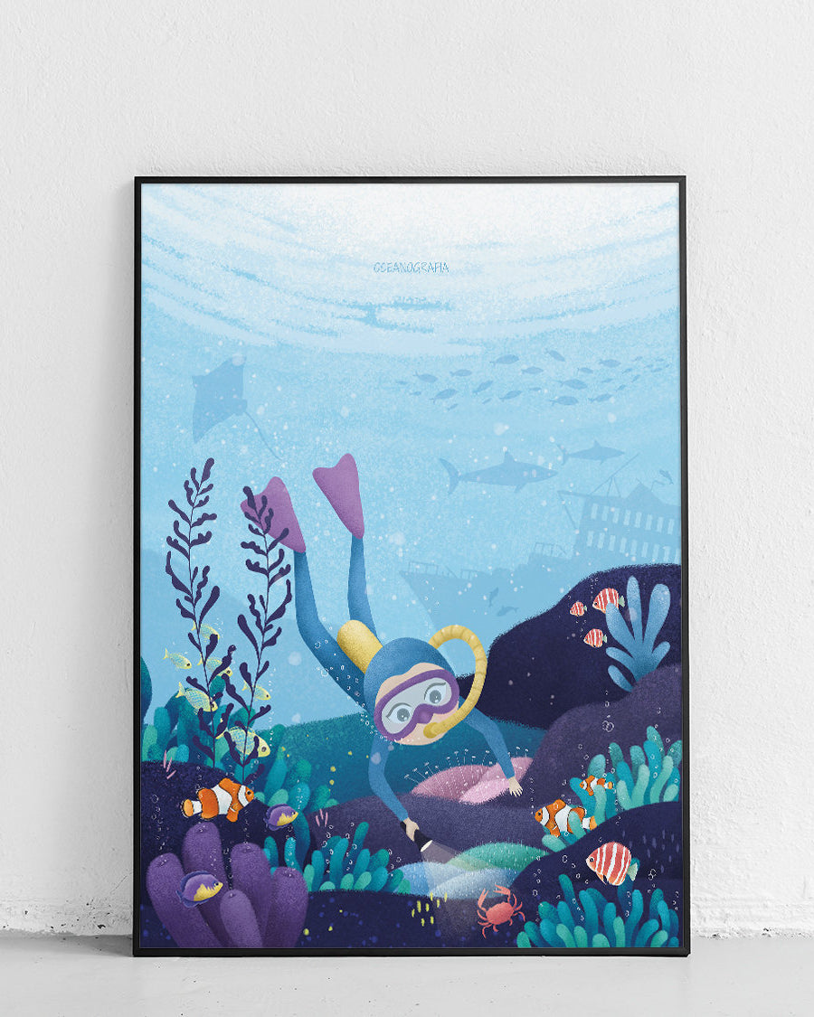 Oceanolożka - plakat dla dzieci z ilustracją naukowca badającego morze, projekt Kasi Nowakowskiej - 1