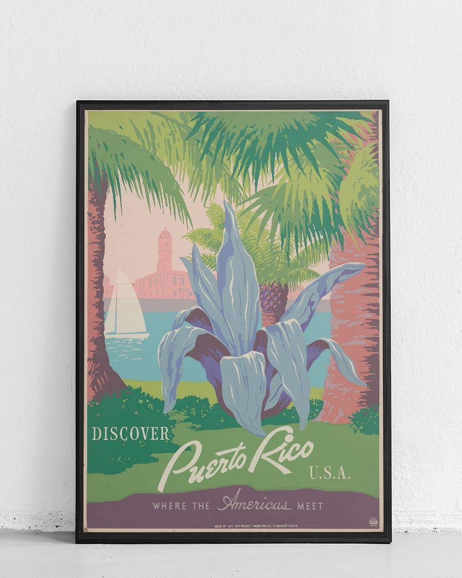 Vintage plakat Puerto Rico z mapą i retro typografią na białym tle - 1