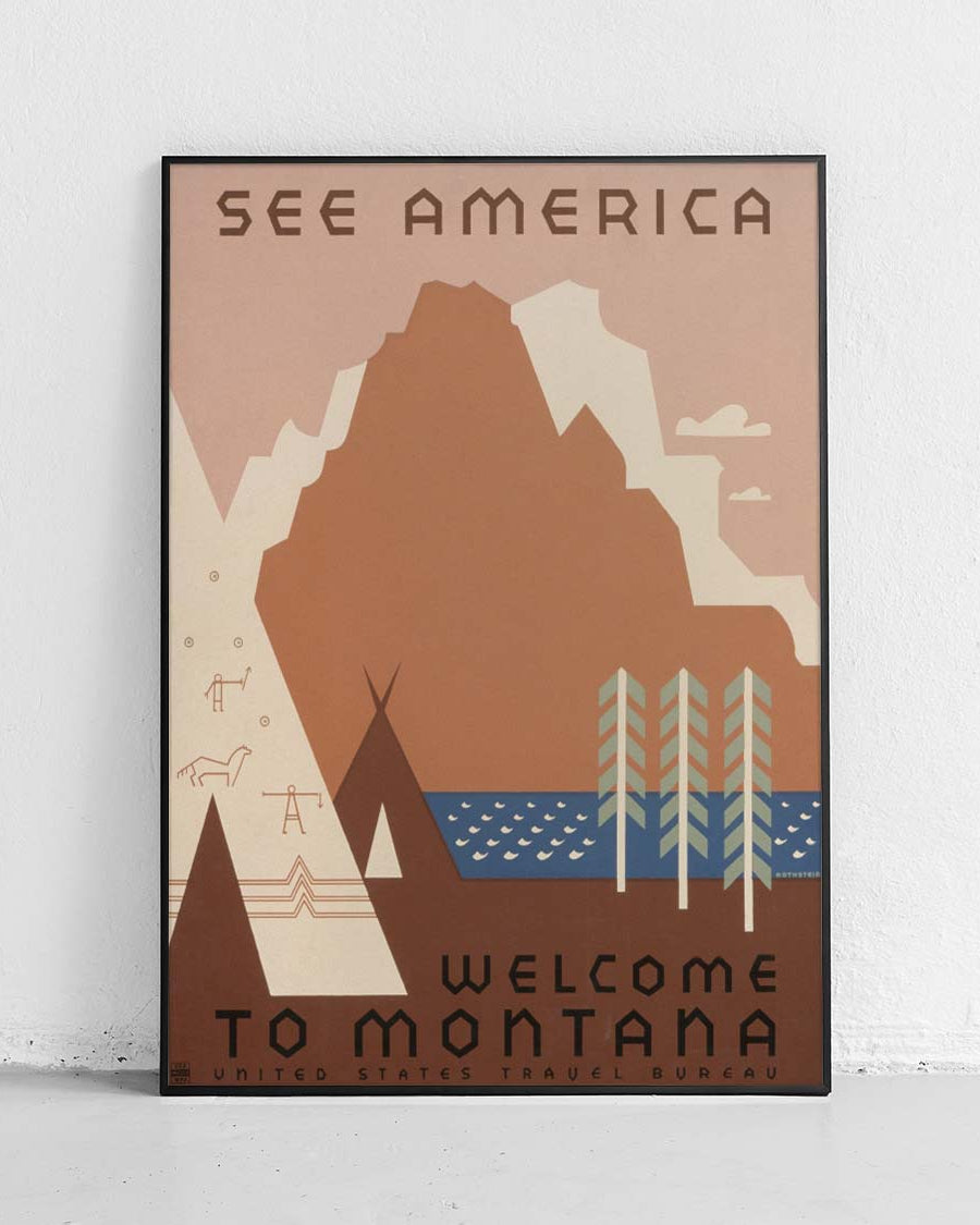 Vintage plakat See America Montana z retro typografią i krajobrazem, idealna dekoracja ścienna.