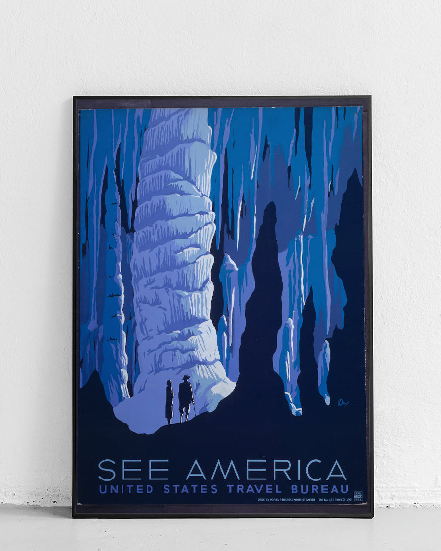 Vintage plakat "See America Travel Bureau" z motywem podróżniczym na białym tle