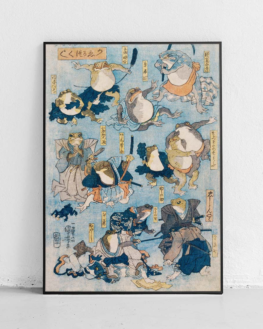 Célèbres héros de la scène Kabuki joués par des grenouilles - affiche Japon - 1