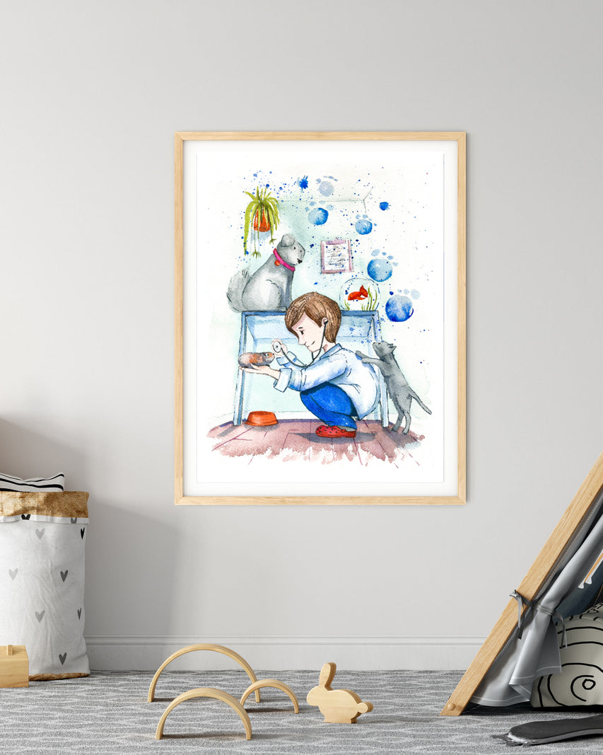 Plakat dla dzieci "Weterynarz" z serii Science Girl Science Boy, przedstawiający zawód weterynarza w kolorowej, edukacyjnej formie. - 2