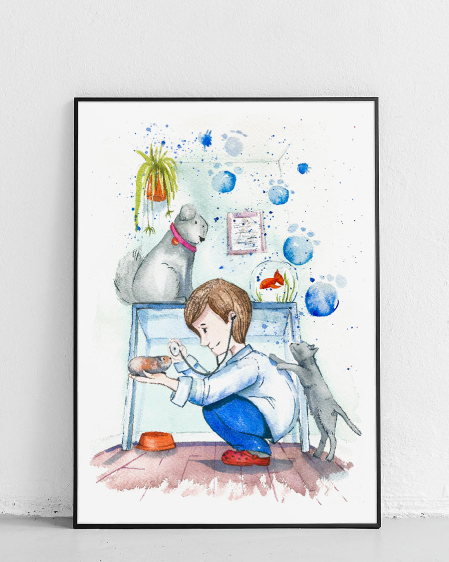 Plakat dla dzieci "Weterynarz" z serii Science Girl Science Boy, przedstawiający zawód weterynarza w kolorowej, edukacyjnej formie. - 1
