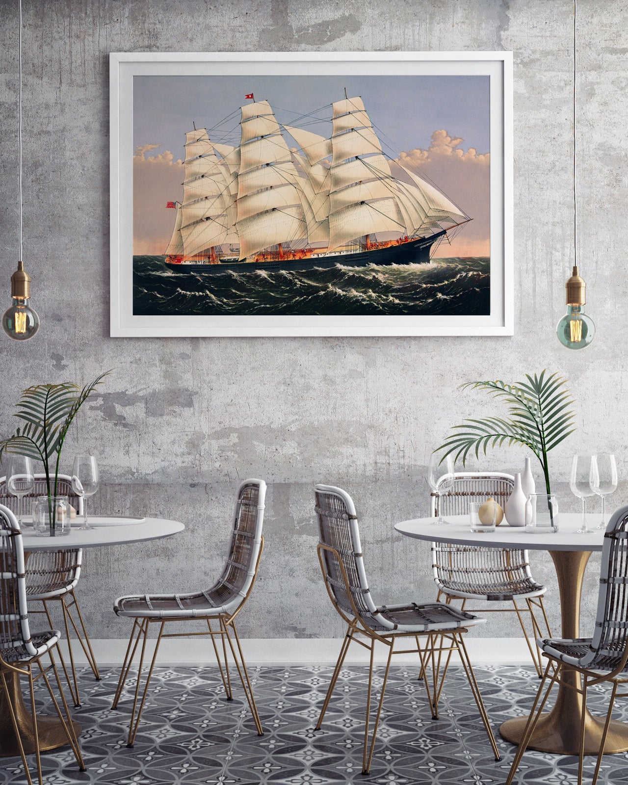 Vintage plakat żaglowca Three Brothers na ścianie, klasyczny morski design w retro stylu. - 2