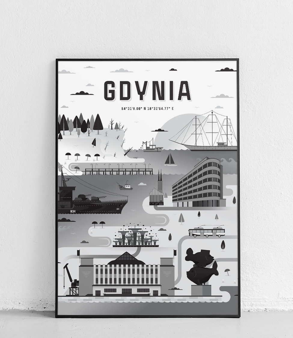 Gdynia City Poster Black And White 30 X 40 Cm Smooth Matte