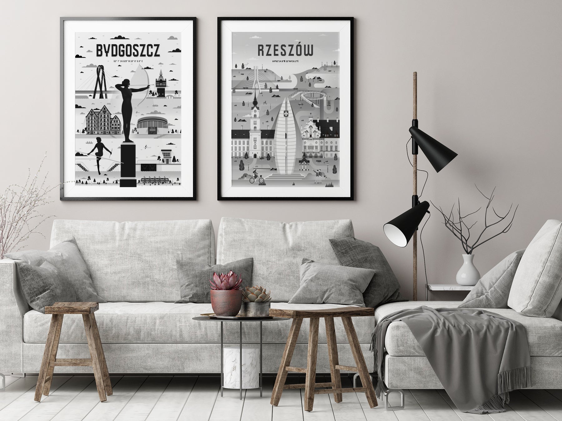Zestaw plakatów Rzeszów i Bydgoszcz czarno-biały