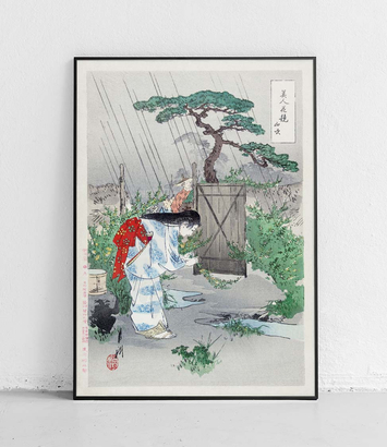 Kobieta pochylająca się nad krzewem Yamabuki - plakat 